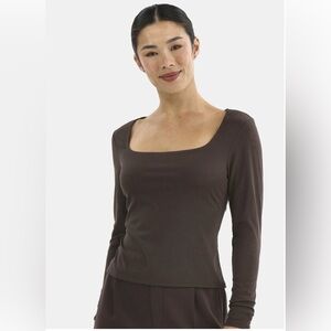 Avia Breen Brown Square Neck Ribbed Long Sleeve Top